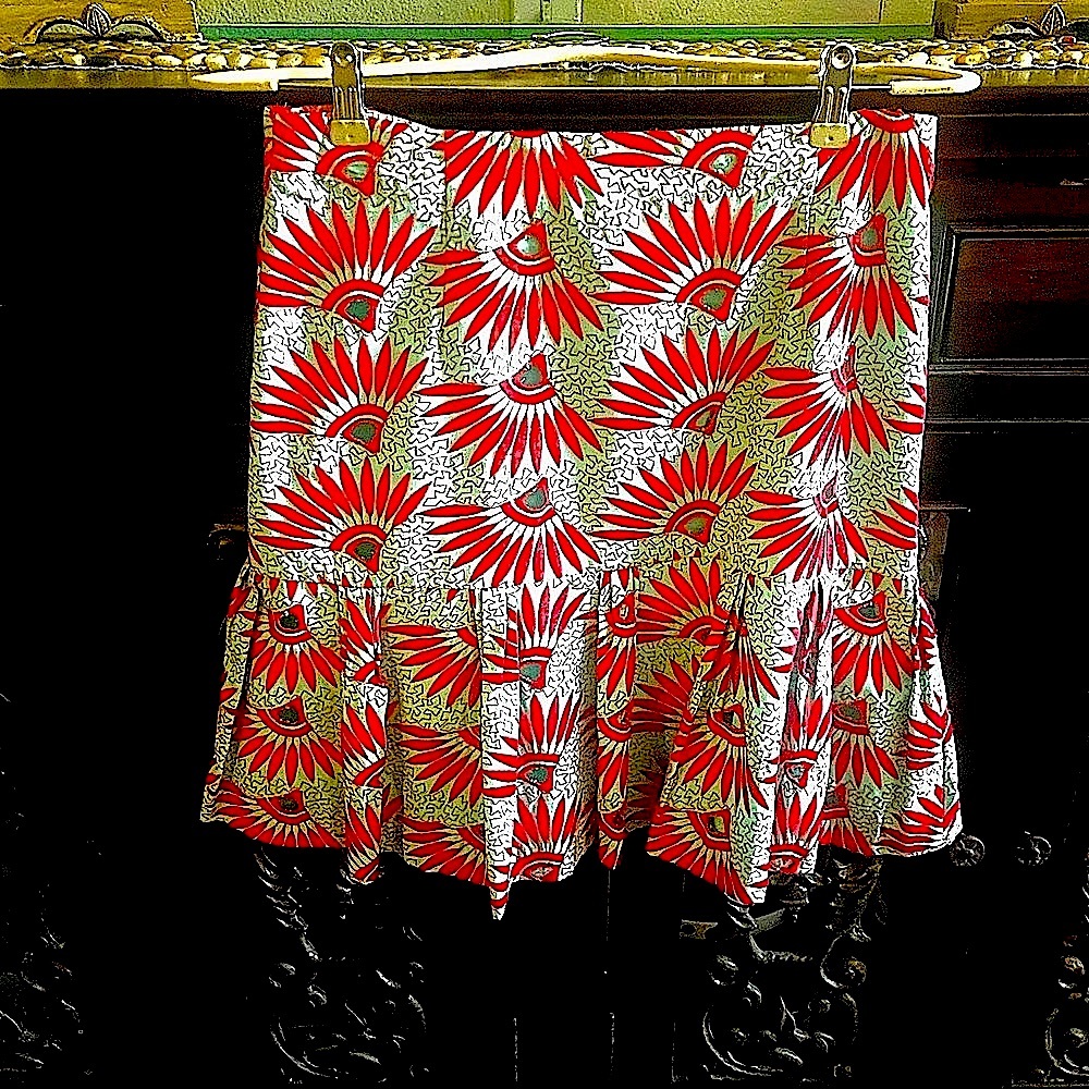 NANETTE LEPORO DARK ORANGE & LIGHT BLUE CUT OUT EMBROIDERED FAN DESIGN SKIRT.